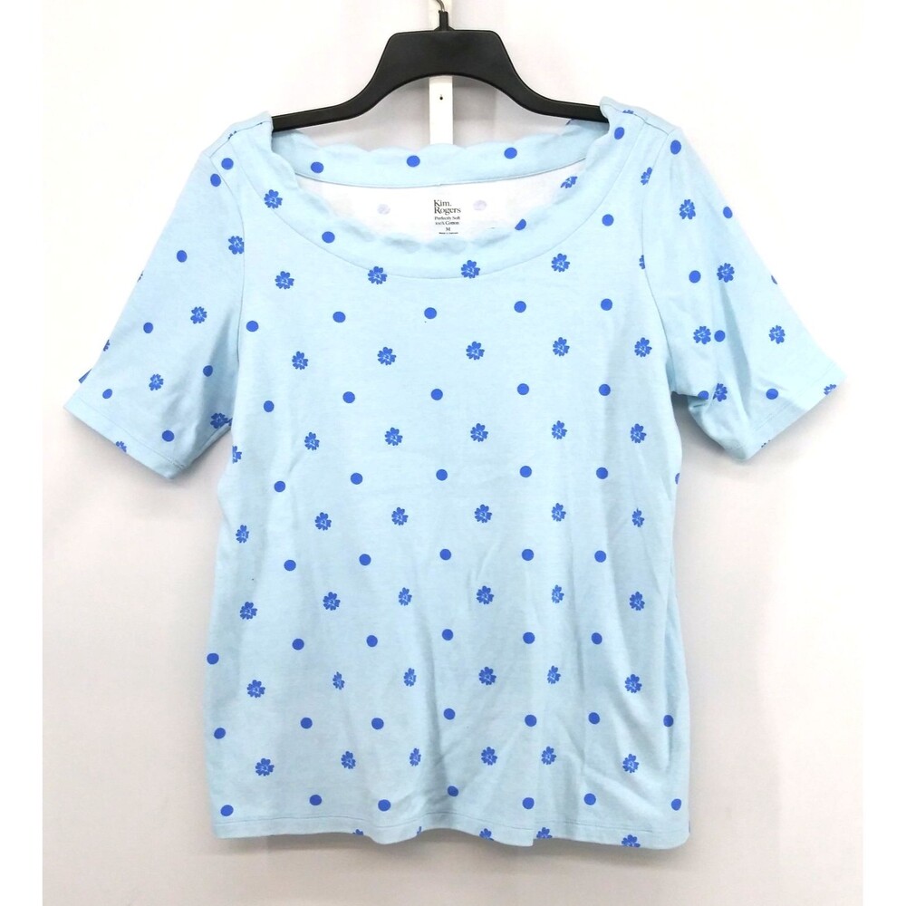 Kim Rogers Perfectly Soft Shirt Women Medium Blue Floral Scalloped Boat Neck Top